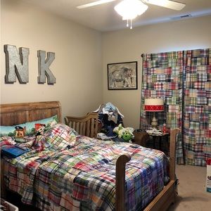 Pottery barn madras queen quilt and 2 blackout curtains